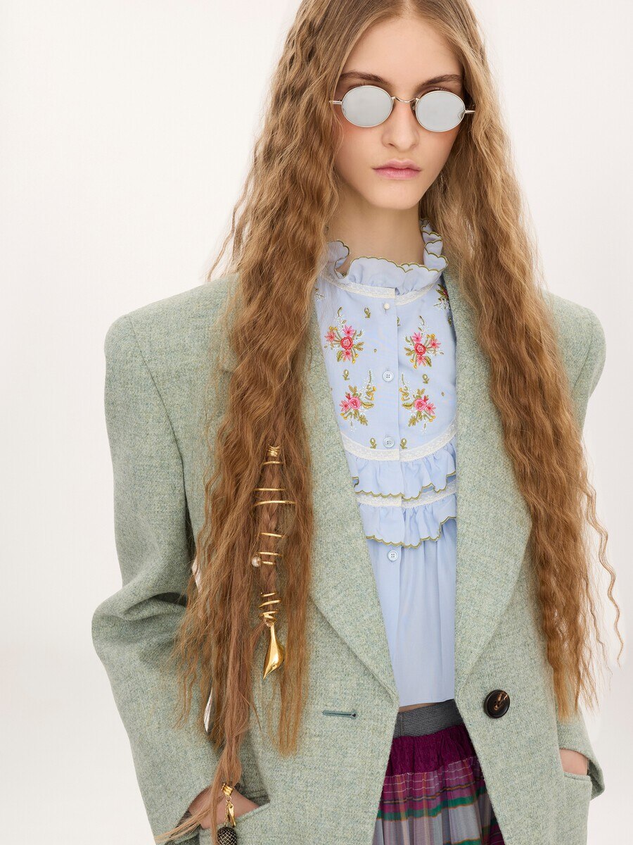 Veste blazer droite en laine chin&eacute;e - 10