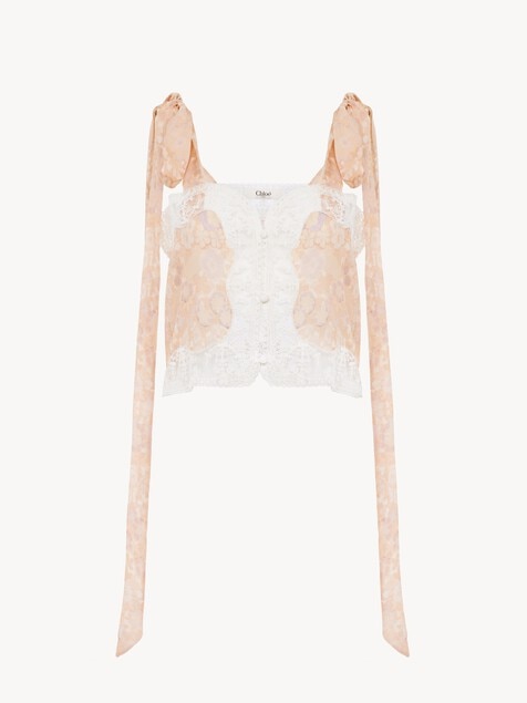 Knotted-strap cropped top in silk charmeuse & lace