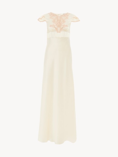 Cap-sleeve column dress in washed silk satin & lace