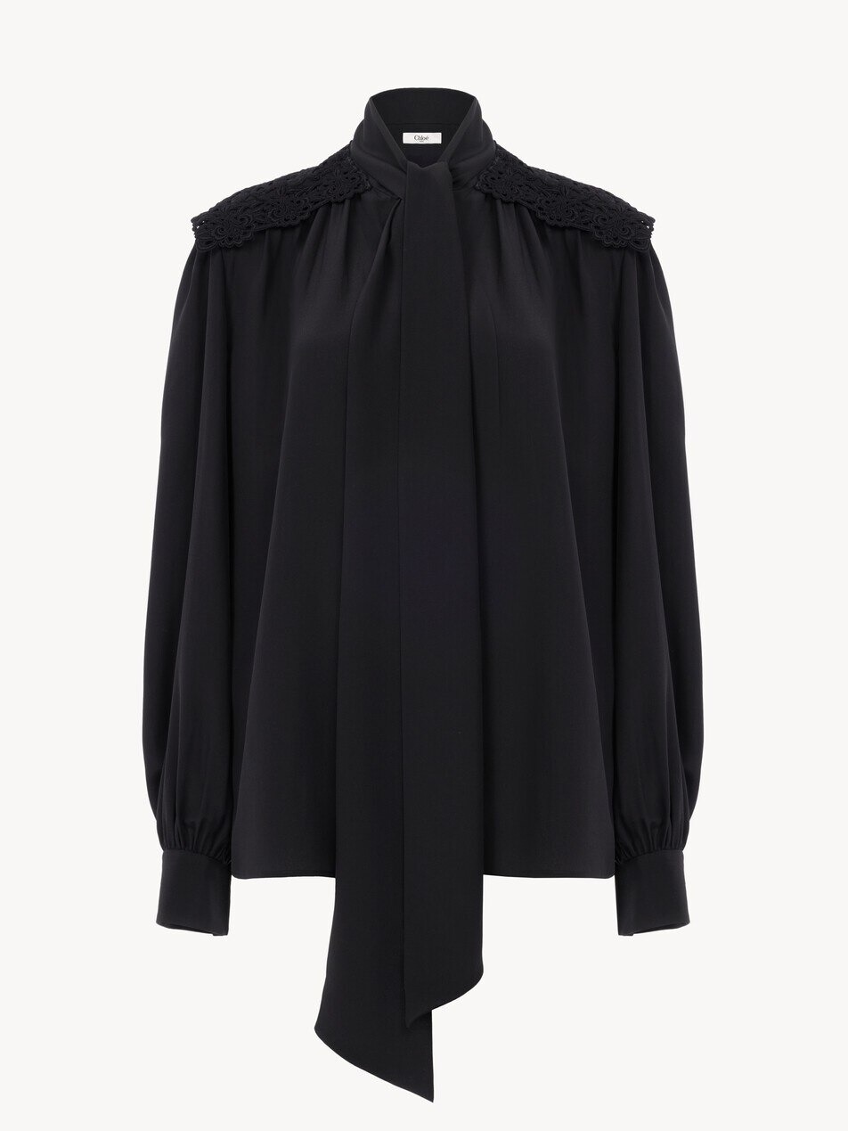 Gathered scarf-tie blouse in cr&ecirc;pe de chine & lace