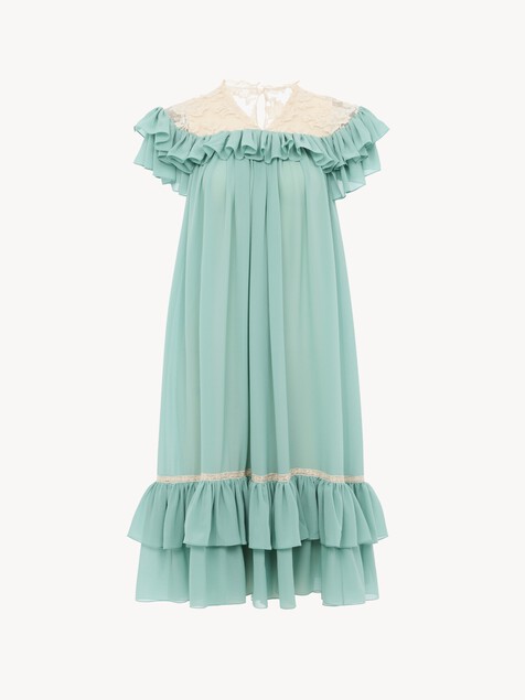 Short-sleeve mini dress in silk georgette & lace