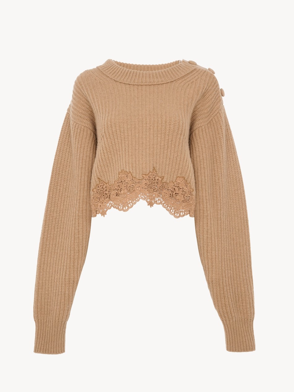Cropped mock-neck jumper in a wool and cashmere knit & lace - Packshot