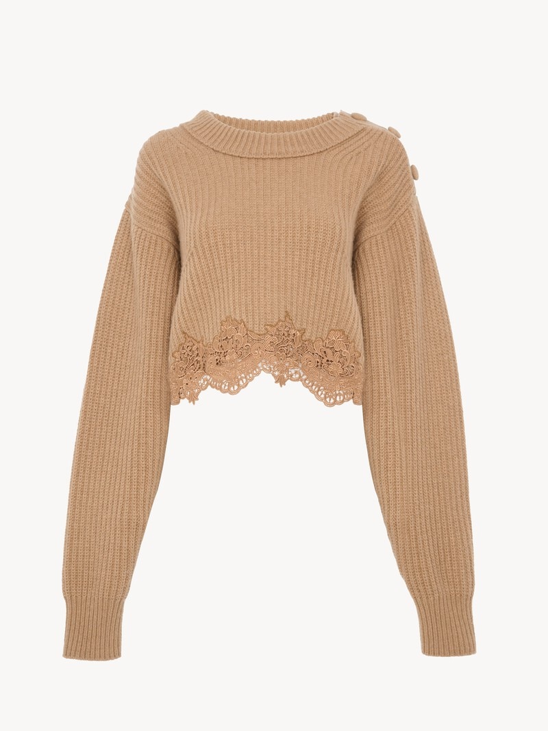 Cropped mock-neck sweater in a wool and cashmere knit & lace by Chloé