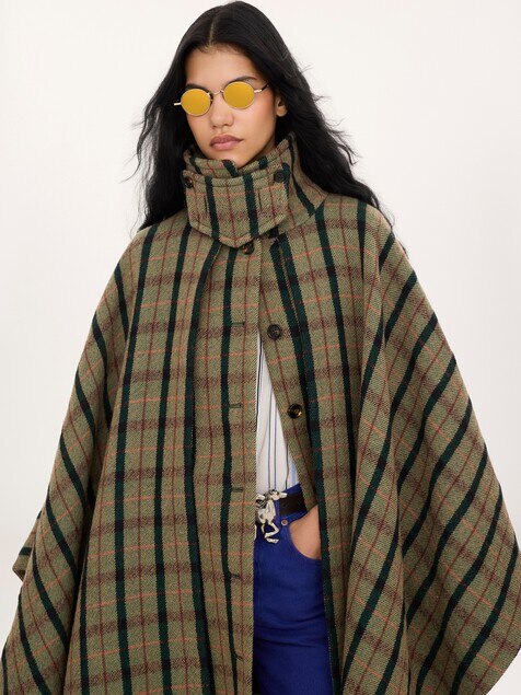 Layered long cape coat in brushed check wool