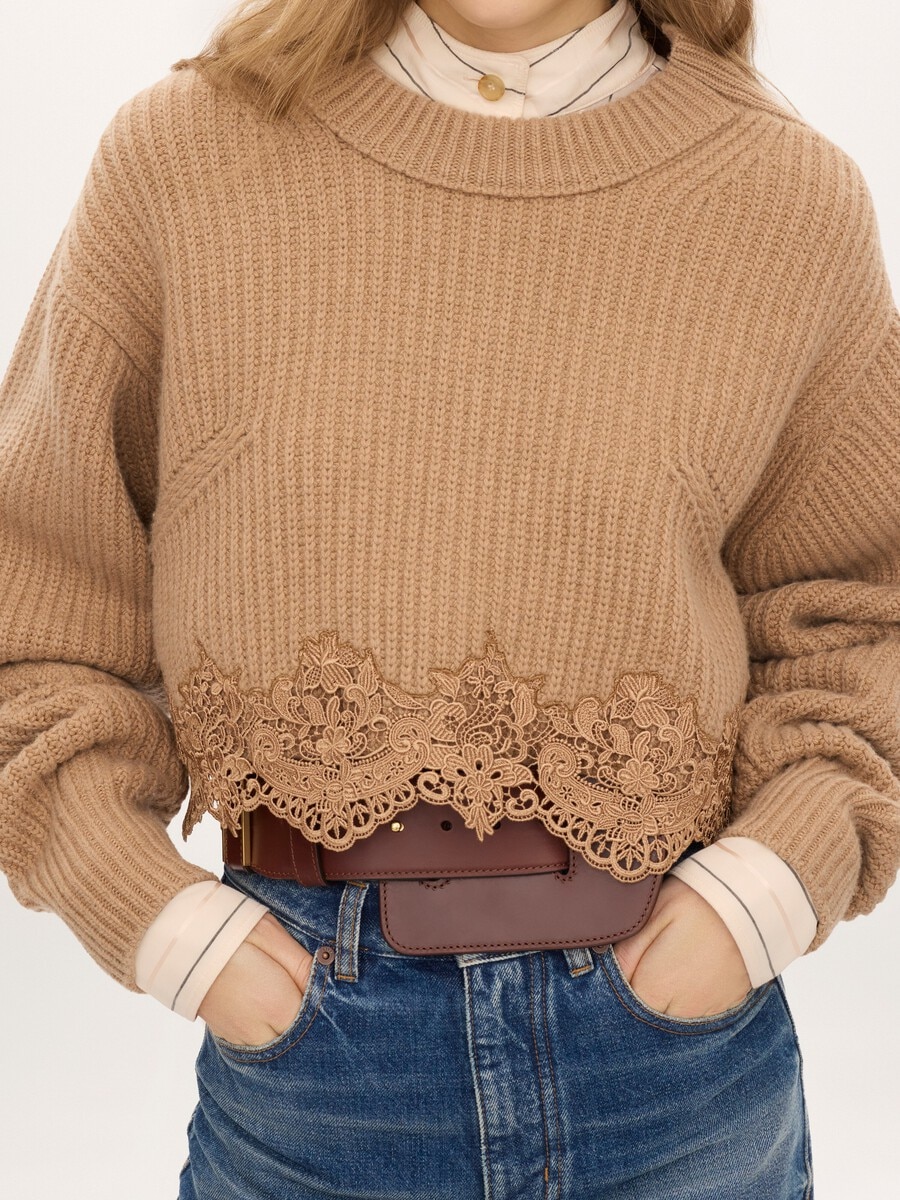 Cropped mock-neck jumper in a wool and cashmere knit & lace - 8