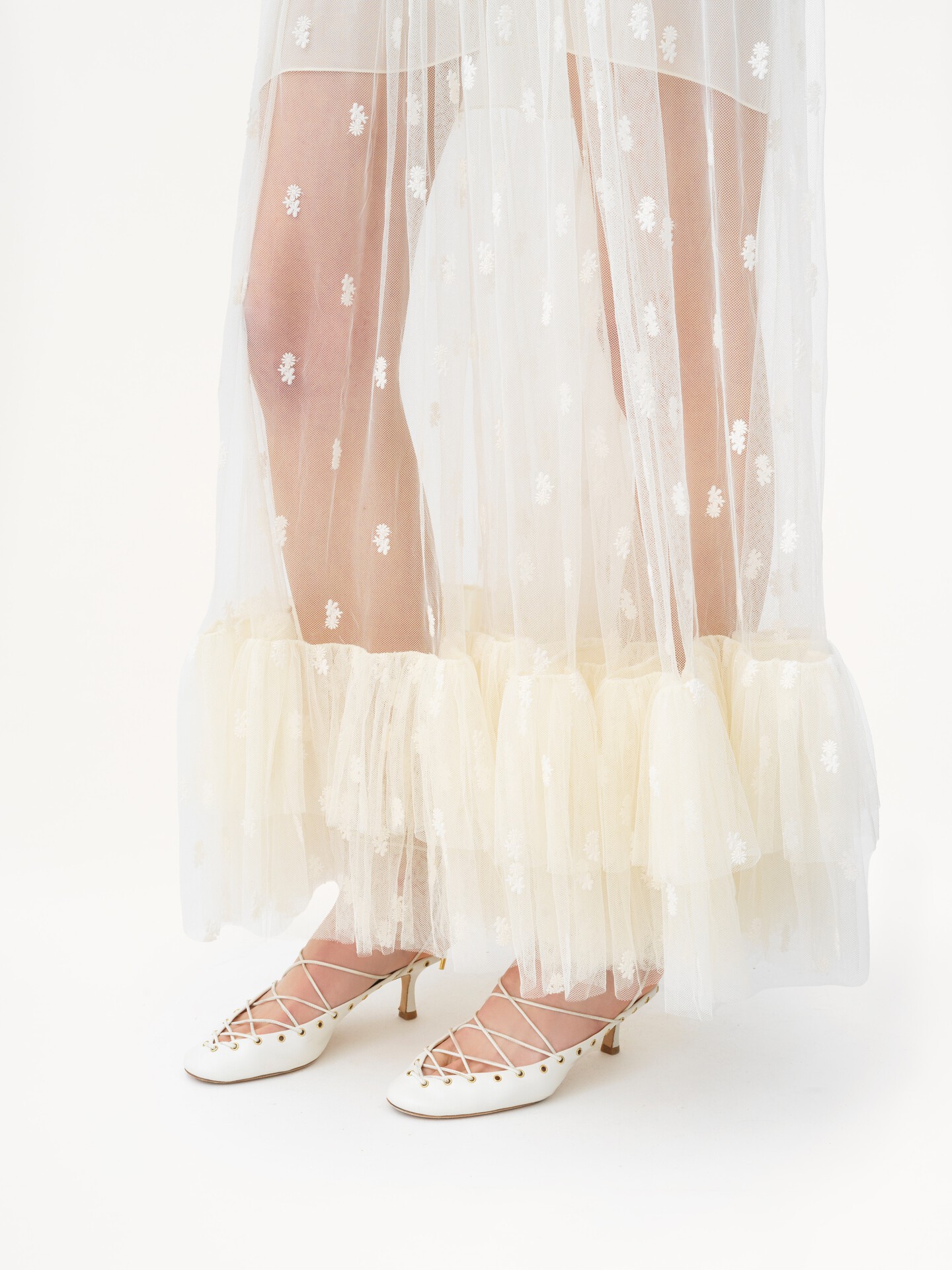 Gathered V-neck long dress in embroidered lace - 6