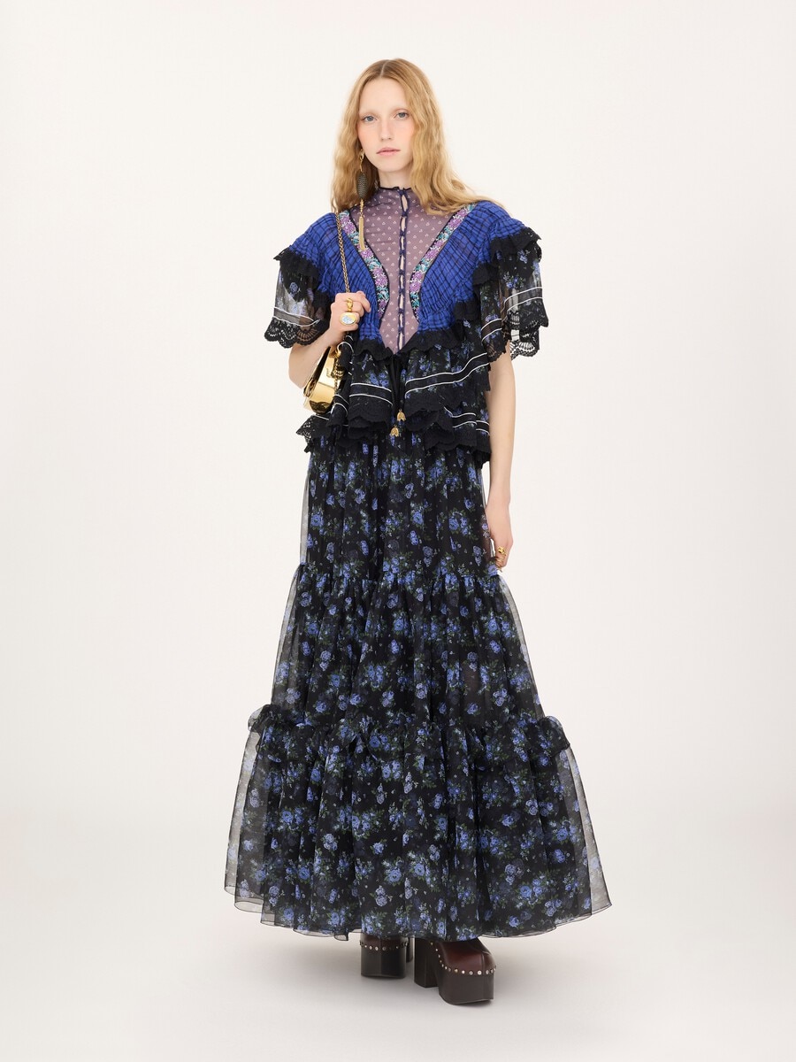 Ruffled long dress in silk mousseline & lace - 3