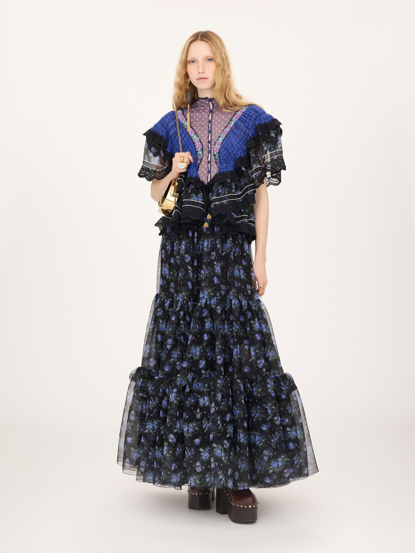 Robe longue &agrave; volants en mousseline de soie et dentelle - 1.0