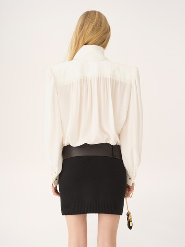 Gathered scarf-tie blouse in cr&ecirc;pe de chine & lace - 6