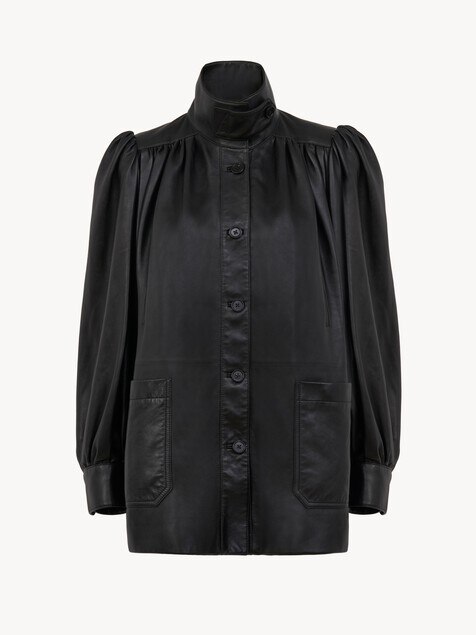 High-neck gathered coat in leather