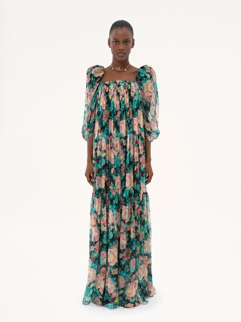 Puff-sleeve long dress in silk mousseline