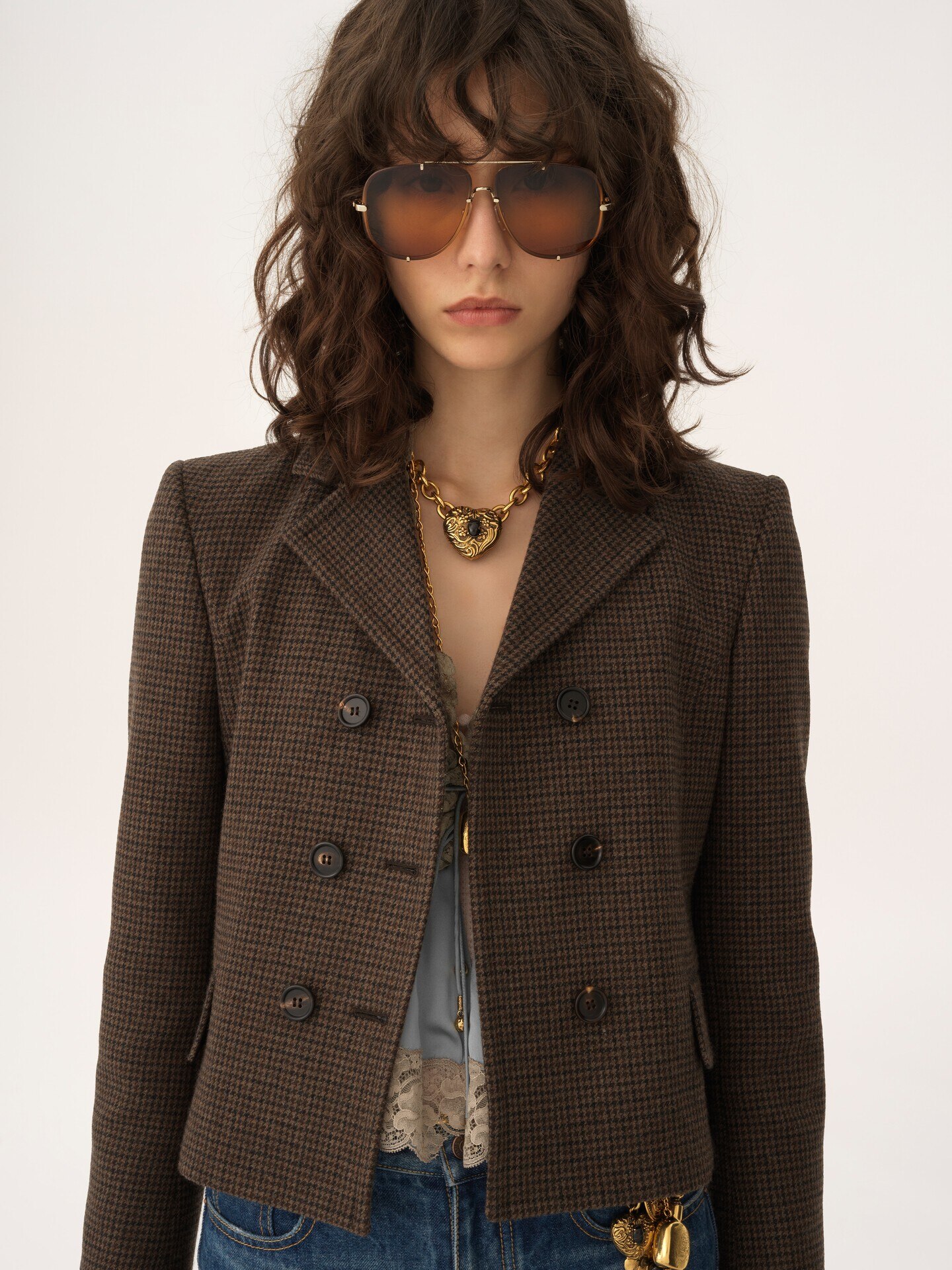 Double-breasted fitted jacket in houndstooth wool - 7