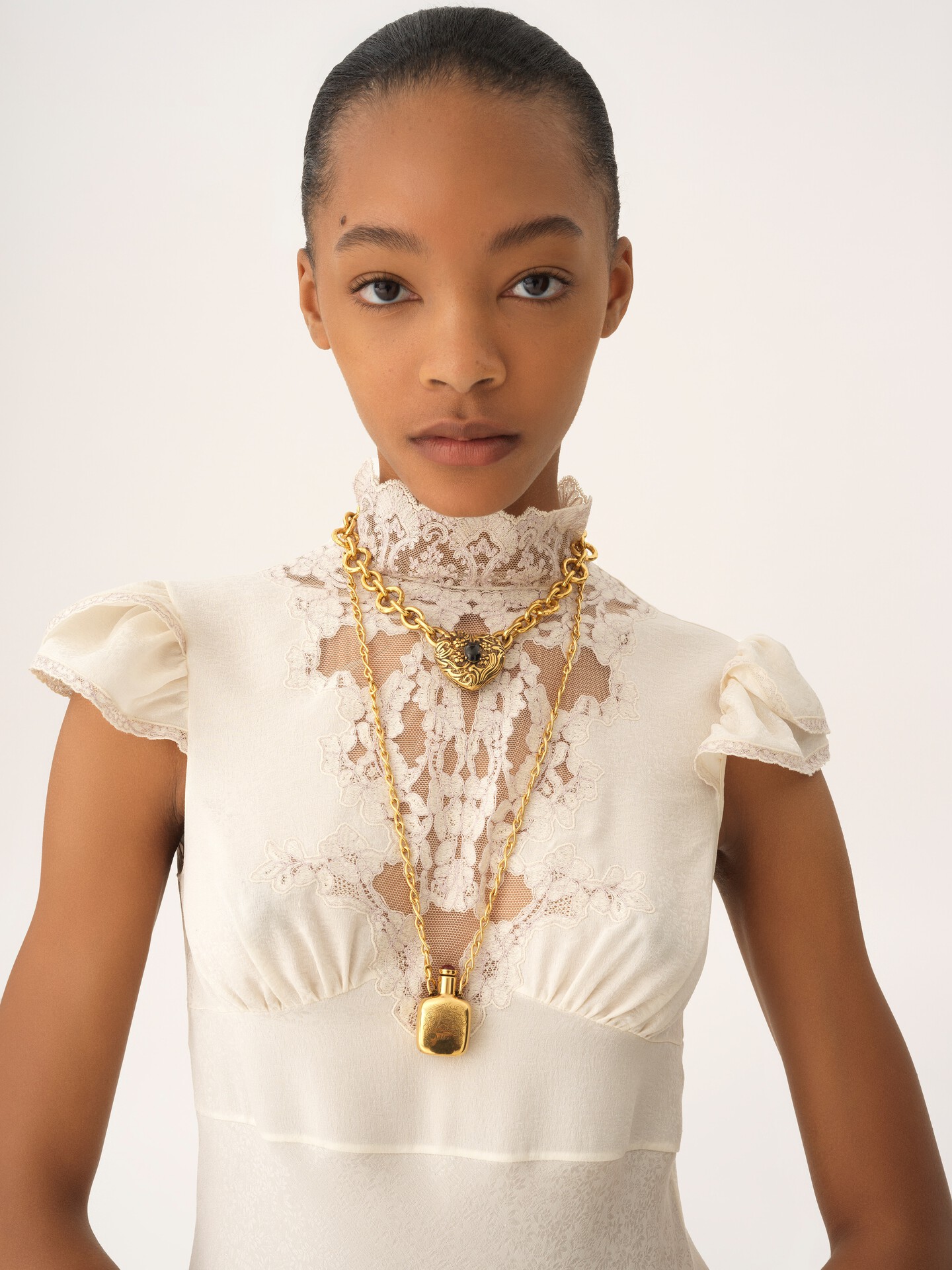 High-neck mini dress in jacquard silk & lace - 6