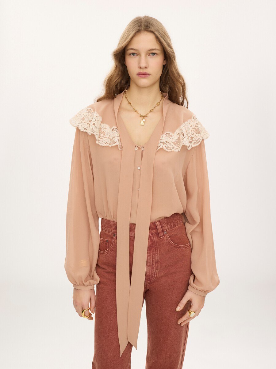 Tie-front gathered blouse in silk georgette & lace - 4