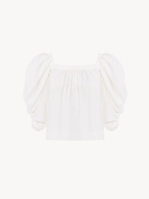 Puff-sleeve pleated top in silk poplin