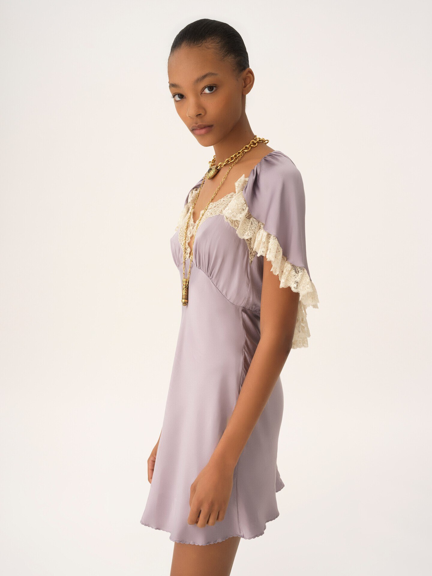 Mini cape dress in washed silk satin & lace - 3.0