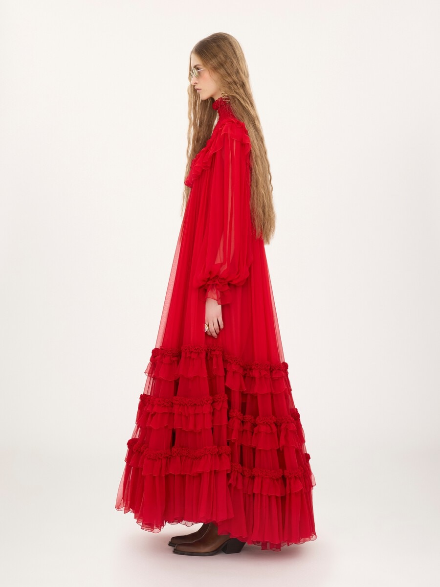 High-neck ruffled long dress in silk mousseline - 7