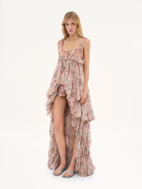 Vestido de volantes irregular de muselina de seda