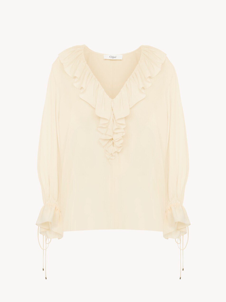 V-neck ruffle top in cr&ecirc;pe de chine - Packshot