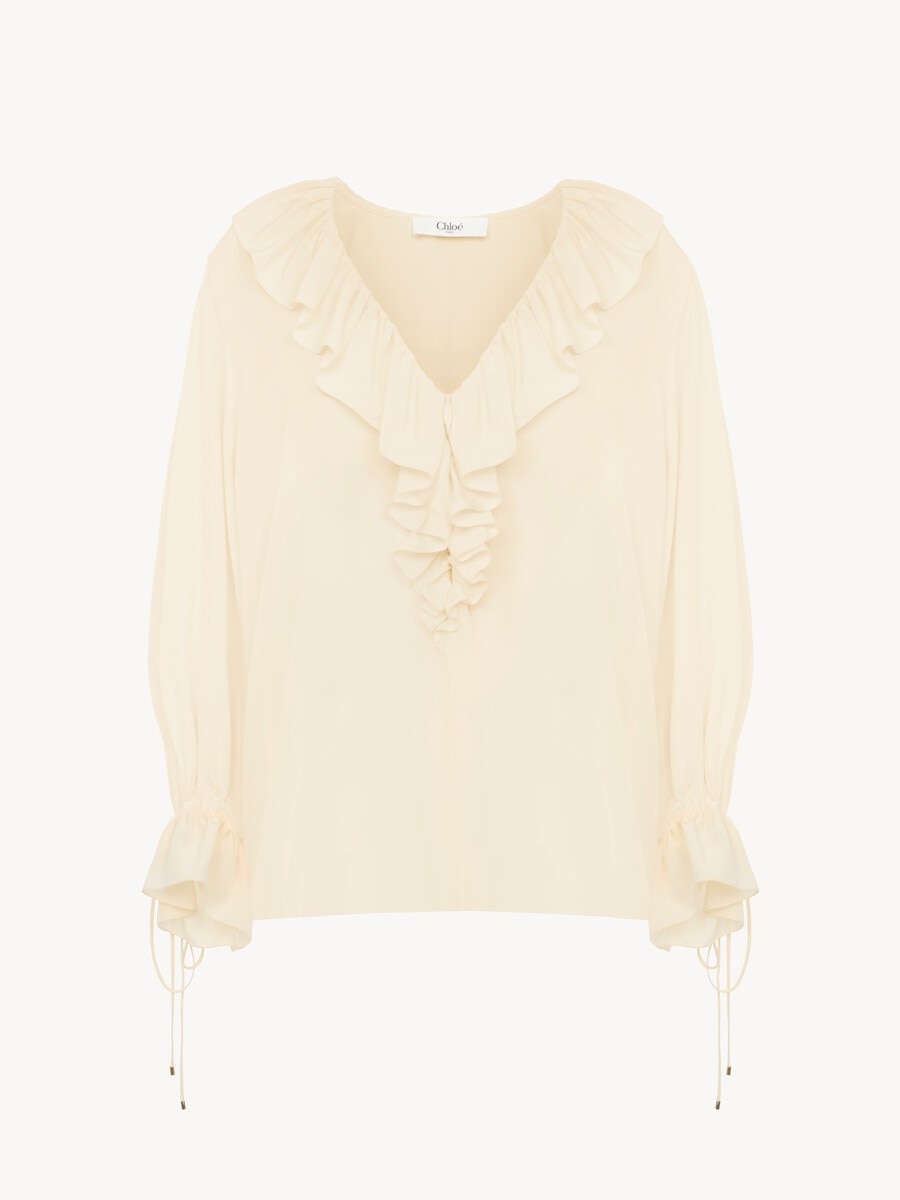V-neck ruffle top in cr&ecirc;pe de chine - 2