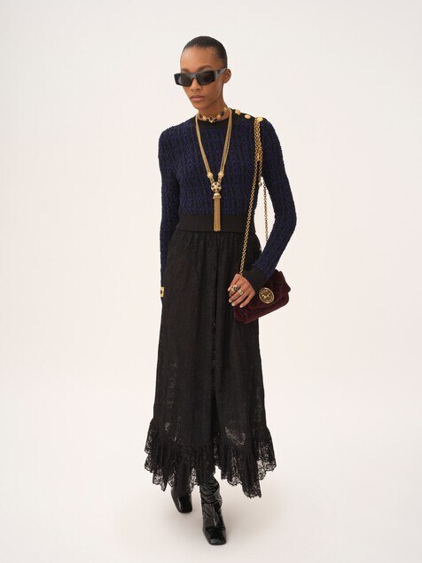 Ruffled midi skirt in floral lace jacquard