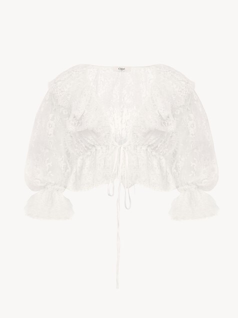 Cropped V-neck ruffle top in lace