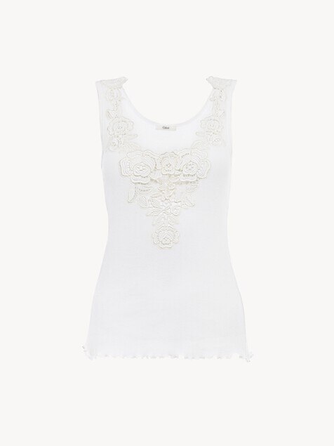 K&ouml;rperbetontes Tanktop aus Baumwolljersey und Guipure