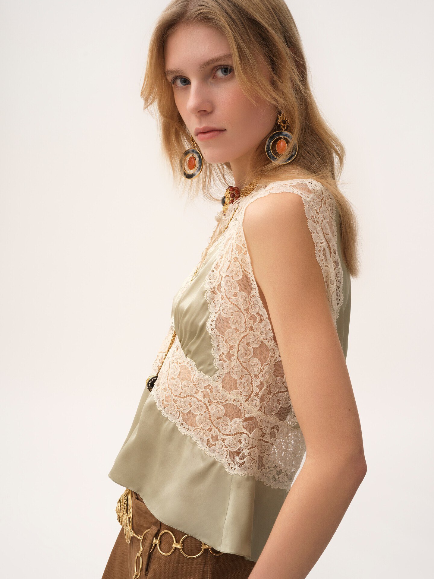 V-neck top in silk satin & lace - 6