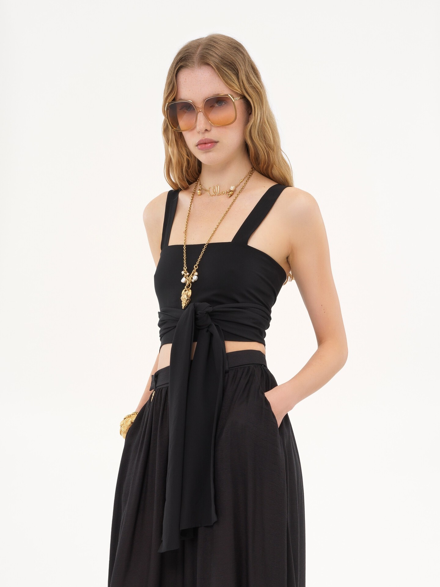Cropped front-tie tank top in cr&ecirc;pe de chine - 4