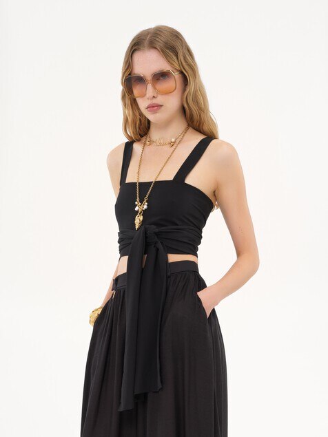 Cropped front-tie tank top in cr&ecirc;pe de chine