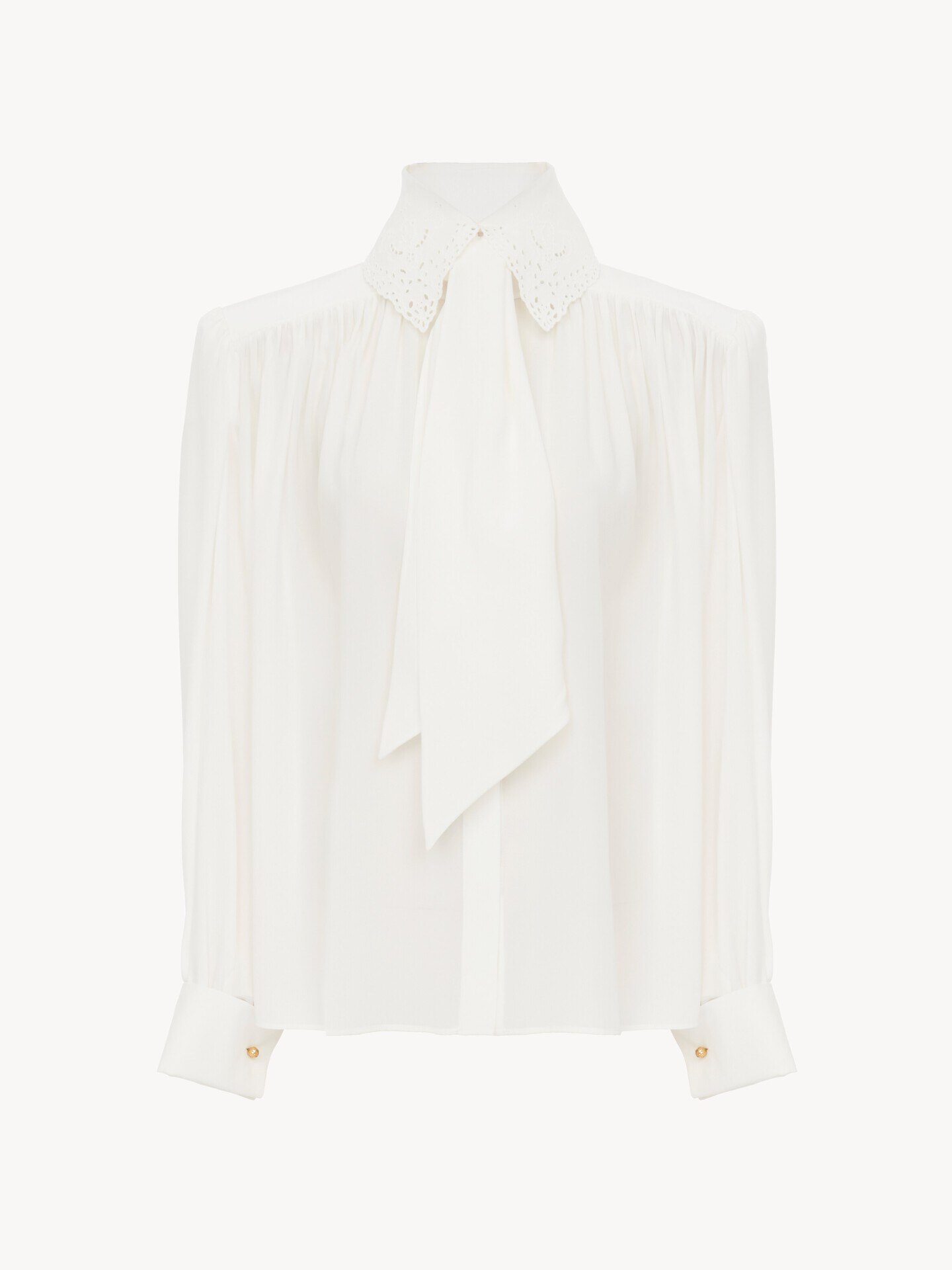 Gathered scarf-tie blouse in cr&ecirc;pe de chine & lace - 2