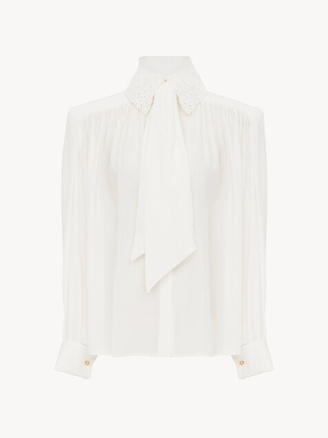 Gathered scarf-tie blouse in cr&ecirc;pe de chine & lace
