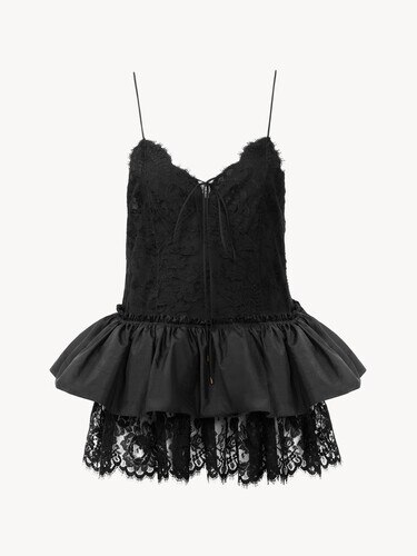 Thin-strap ruffle top in technical taffeta & lace - 2