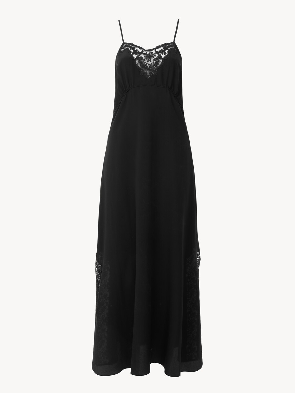 Vestido largo lencero de crep&eacute; de seda china y encaje