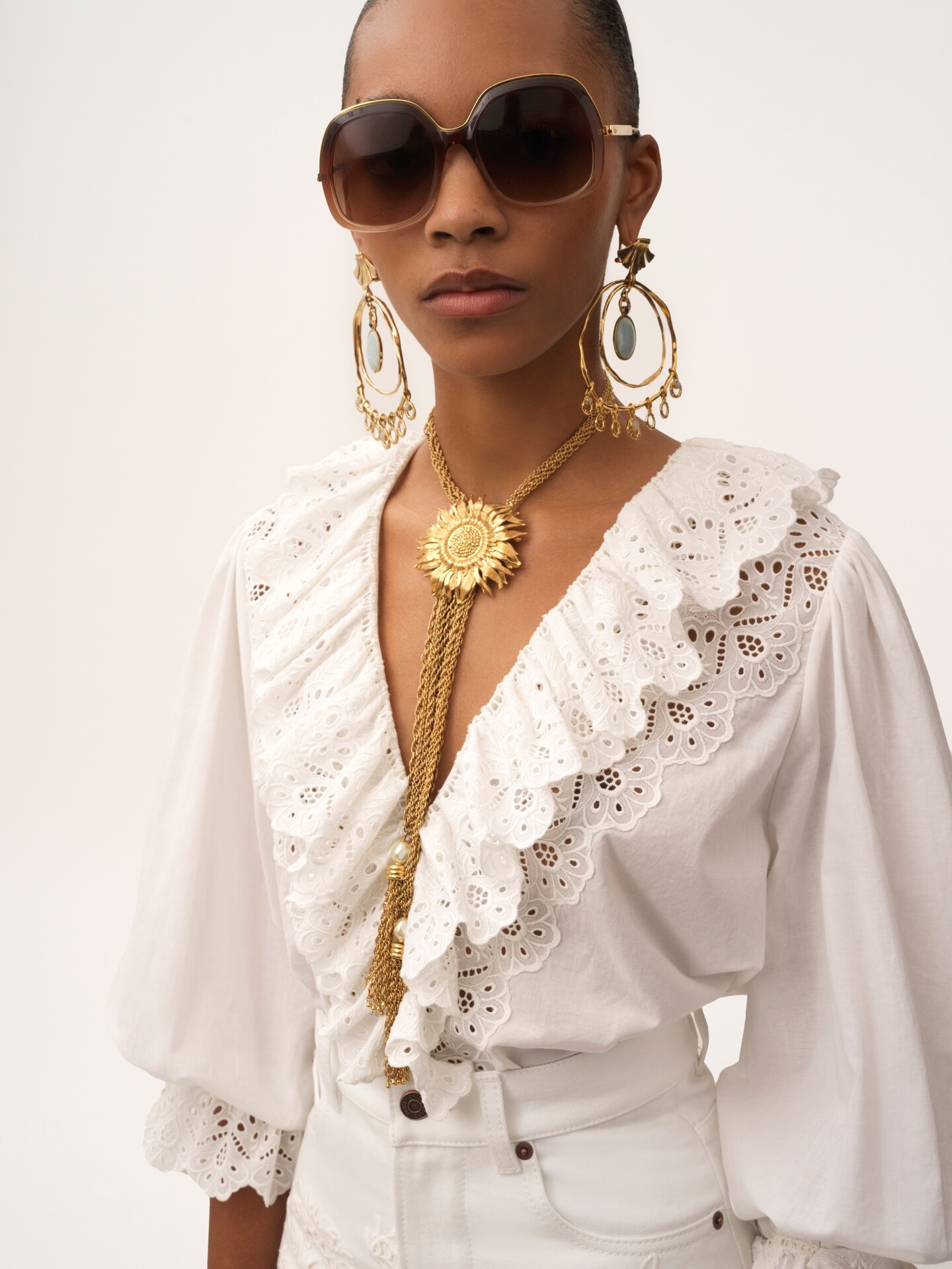 Puff-sleeve V-neck top in cotton voile - 7