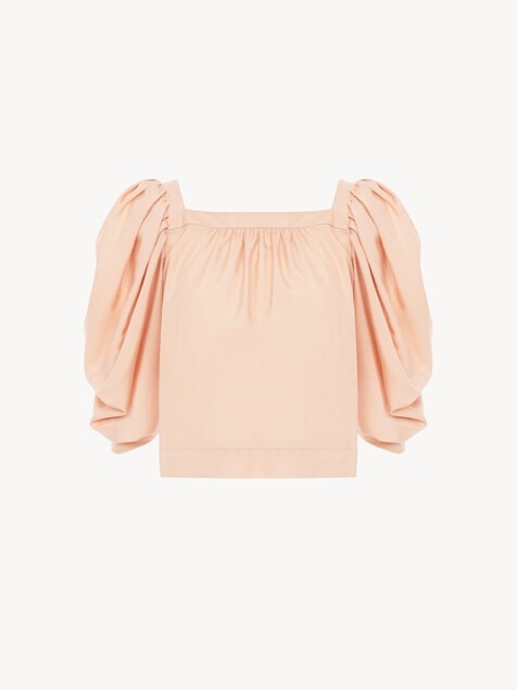 Puff-sleeve pleated top in silk poplin
