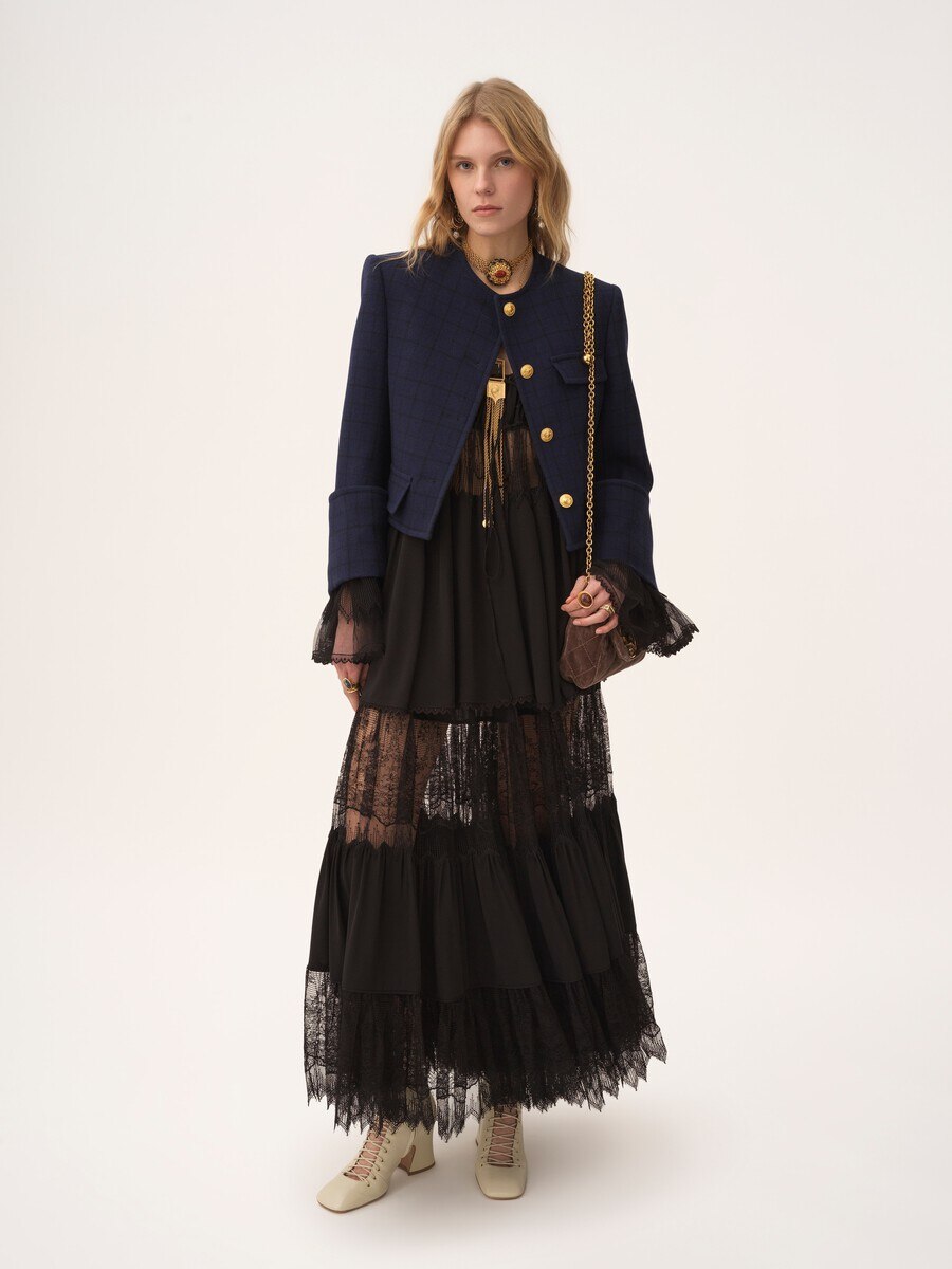 Boxy collarless jacket in wool check - 3