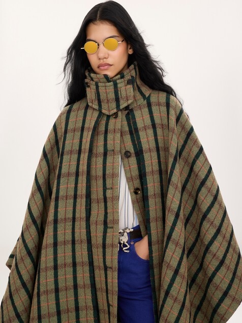 Layered long cape coat in brushed check wool