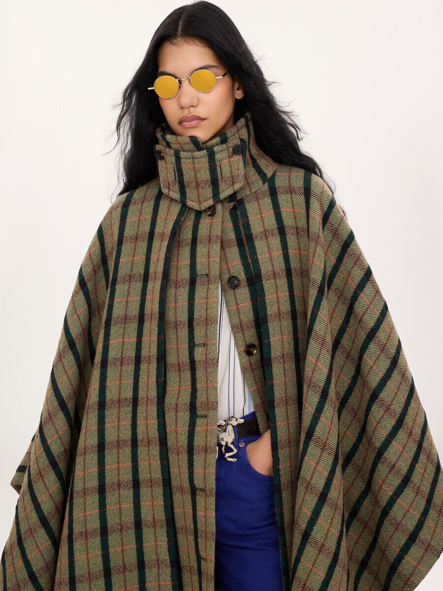 Layered long cape coat in brushed check wool - 6
