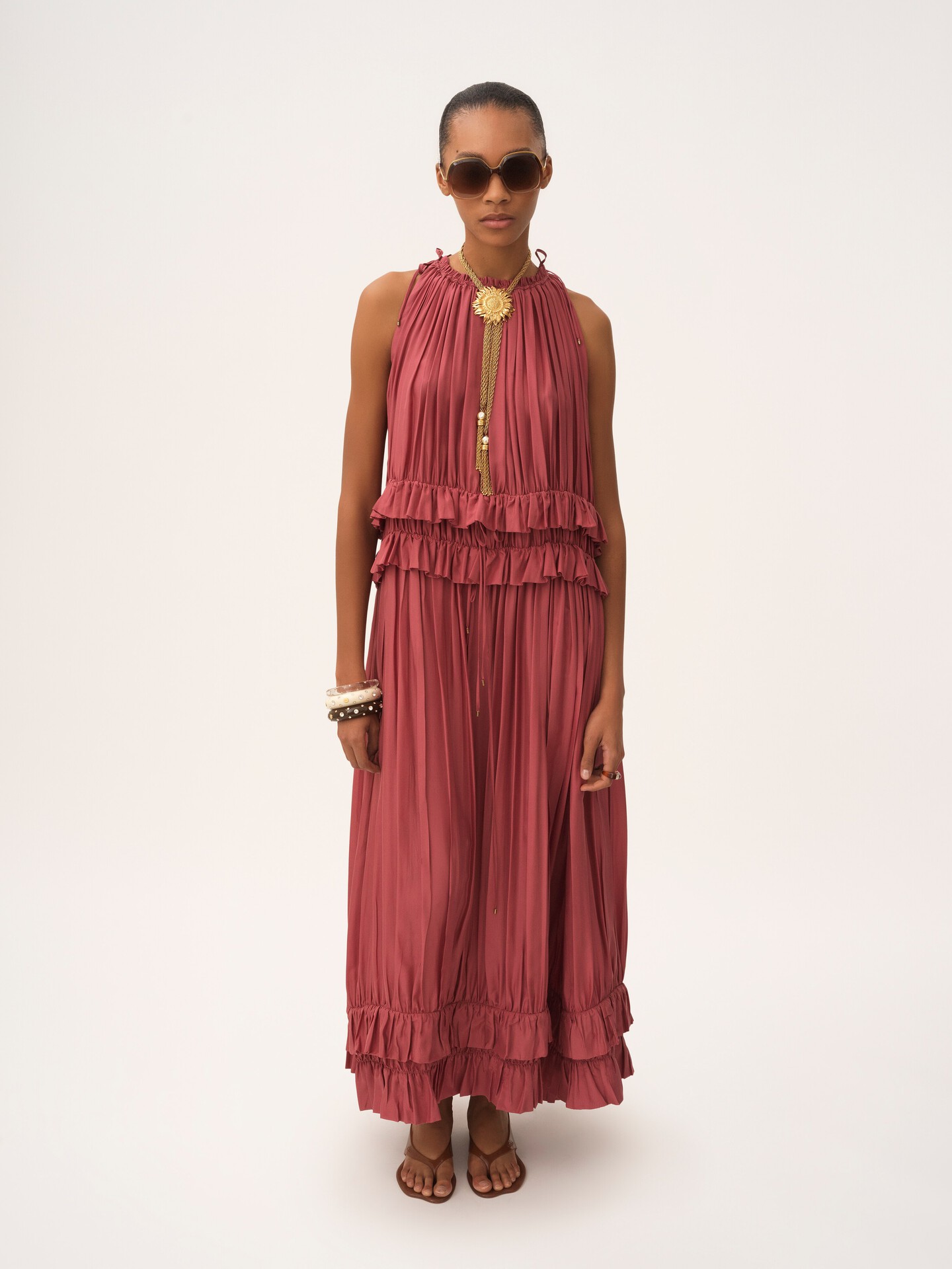 Sleeveless long dress in washed silk pong&eacute; - 3