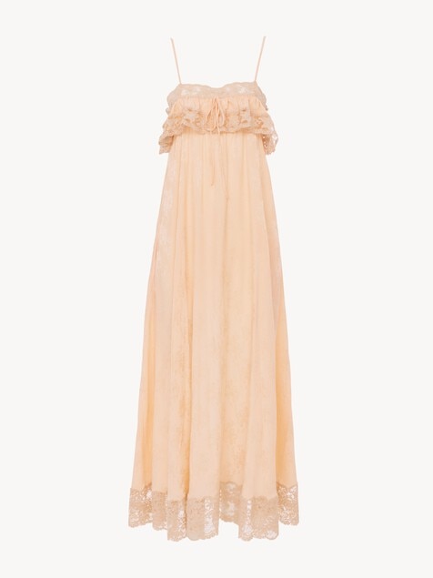 Thin-strap long dress in silk jacquard & lace