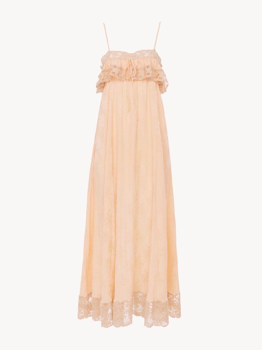 Thin-strap long dress in silk jacquard & lace - 2