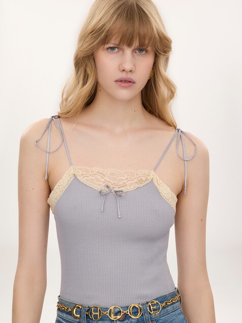 Thin-strap tank top in cotton jersey & lace