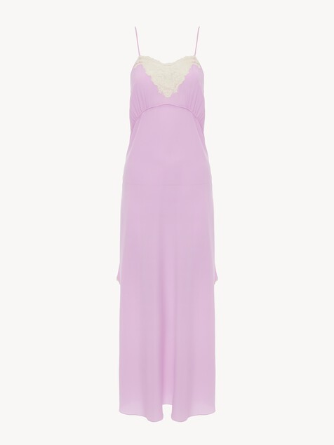 Thin-strap midi dress in cr&ecirc;pe de chine & lace