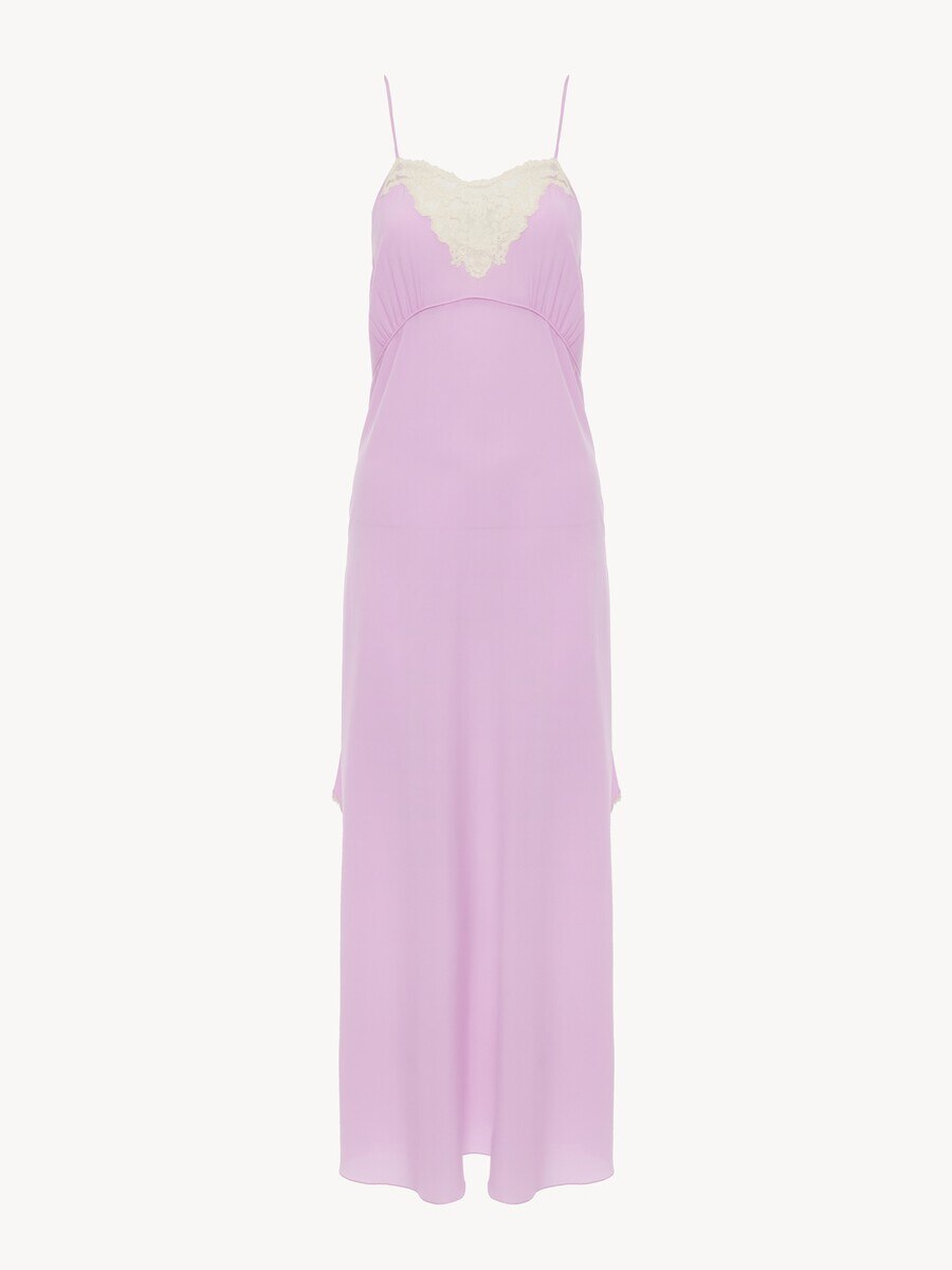 Thin-strap midi dress in cr&ecirc;pe de chine & lace - 1