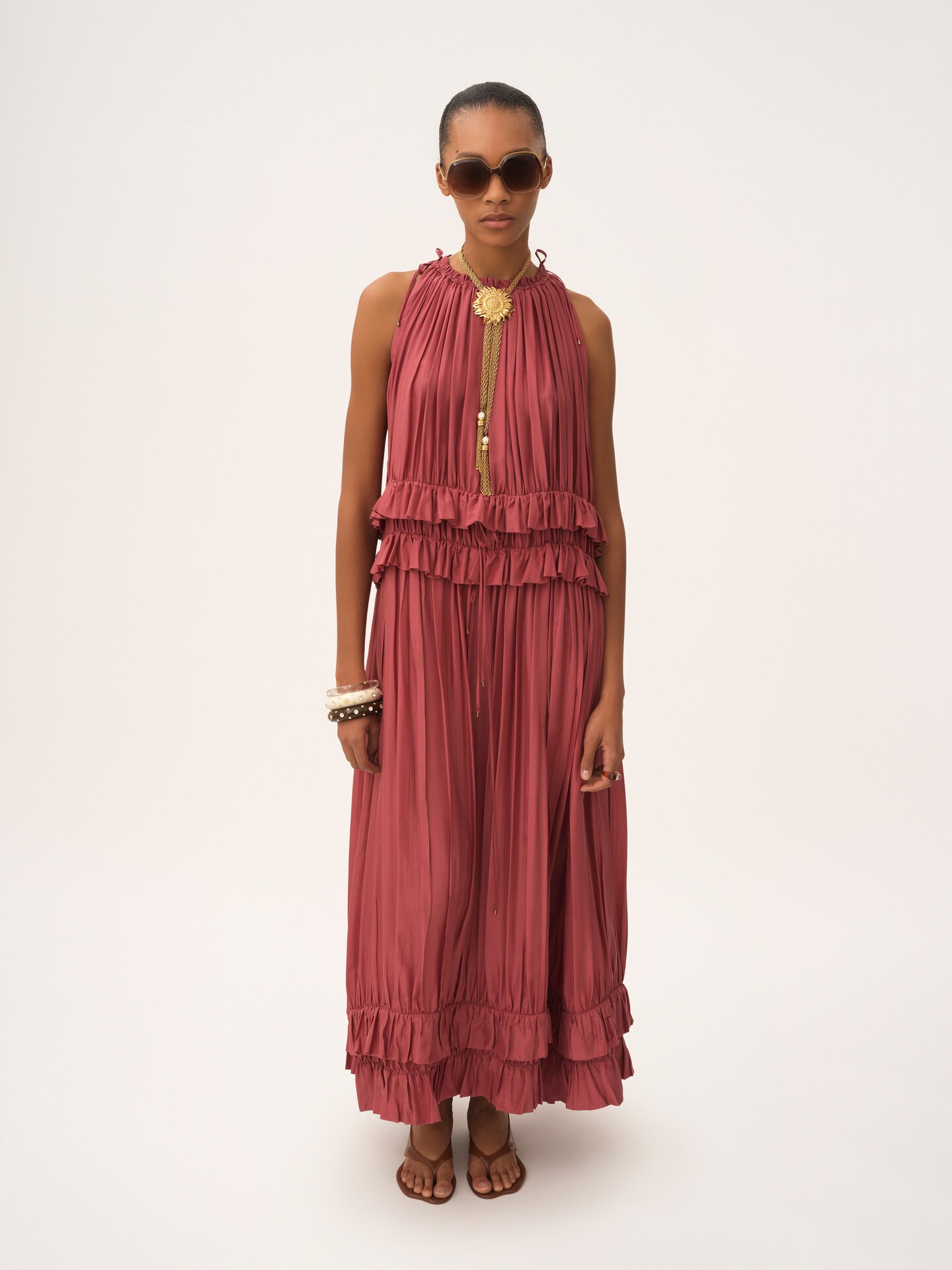 Sleeveless long dress in washed silk pong&eacute; - 3
