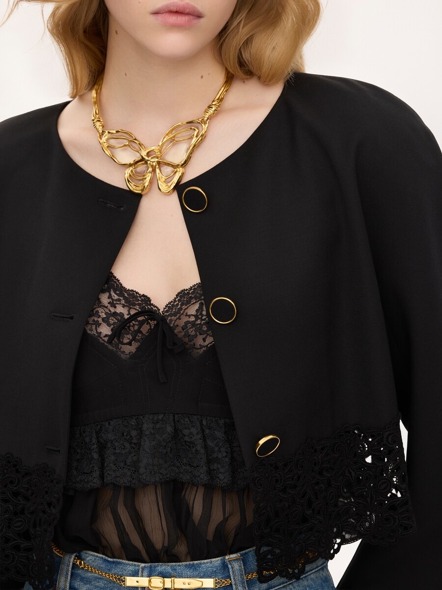 Collarless cropped jacket in wool grain de poudre & lace - 8