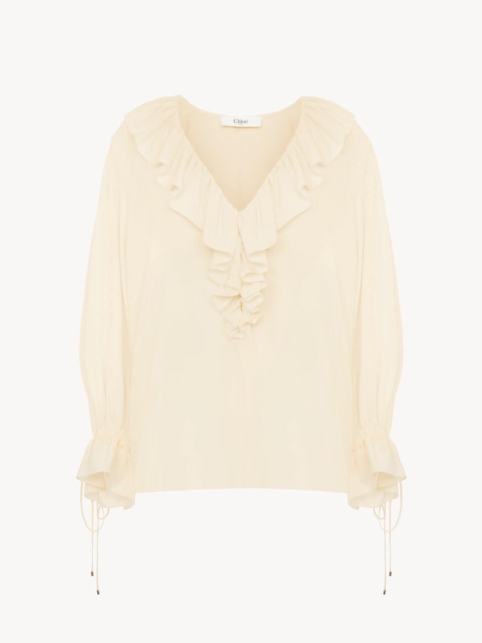V-neck ruffle top in cr&ecirc;pe de chine - Packshot