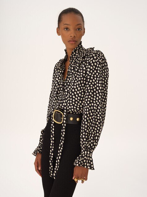 Tie-front ruffled blouse in silk jacquard