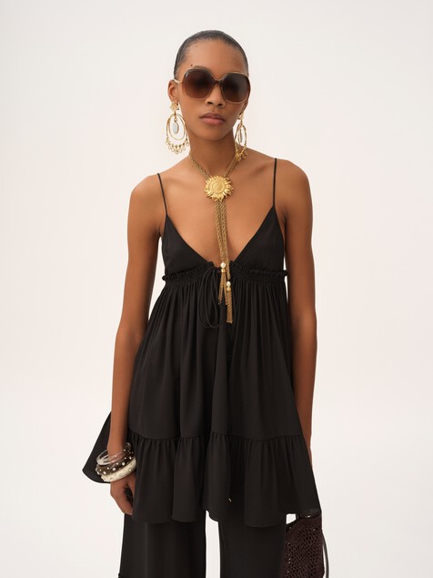 Thin-strap gathered mini dress in cr&ecirc;pe de chine